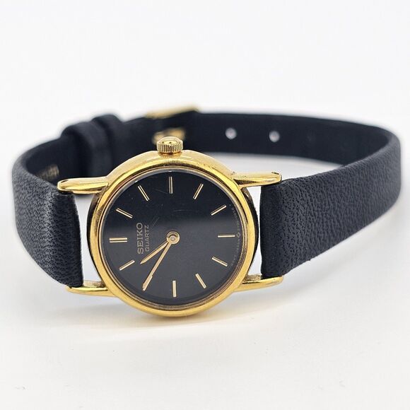 VTG Seiko Women\'s Watch 20MM Black Dial New Leather Bands Up to 6.5\